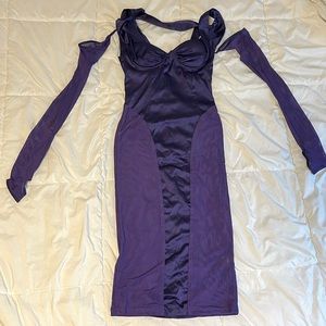 Modern Satin Mesh Cold Shoulder Long Sleeve Midi Dress